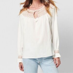 Faherty Laura Boho Embroidered Whisper White 100% Organic Cotton Top